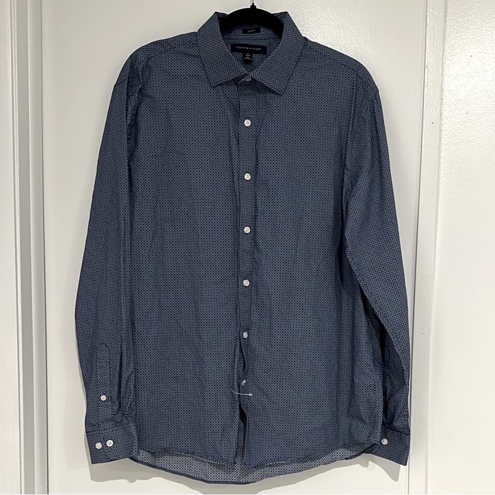 NWOT👔Tommy Hilfiger, Men’s 17 34/35 XL Blue Plaid, Long Sleeve Shirt